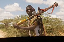 A soldier with a grenade launcher at the roadblock. Los Anod, SomaliLand, Monday, October 15, 2007. The military constantly camp near Los Anod in the province of  SomaliLand, bordering on PuntLand. Fighting is resumed at this territory from time to time.